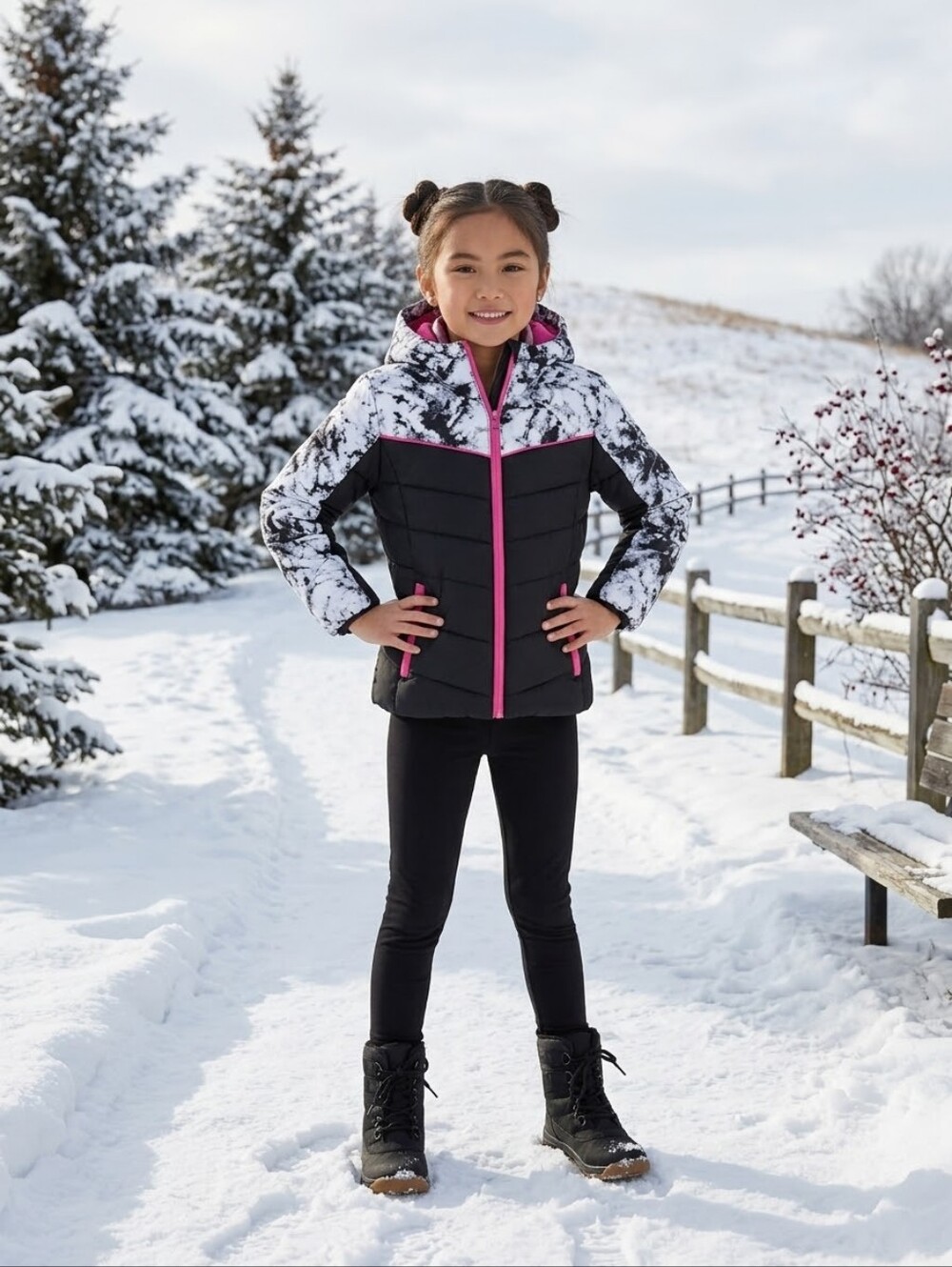 Rothschild Black w/Pink Colorblock ski jacket Small (7-8) EUC So Cute!